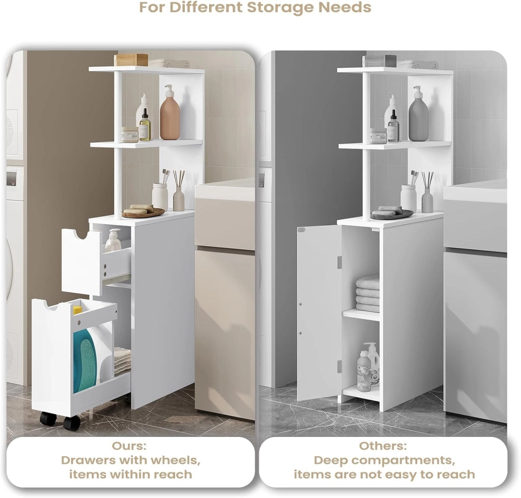 Mobile da Bagno Stretto, Mobiletto da Bagno Salvaspazio con 2 Cassetti, 2 Ripiani, Mobiletto Bianco per Cucina, Soggiorno, in Legno, 19x45x113 cm