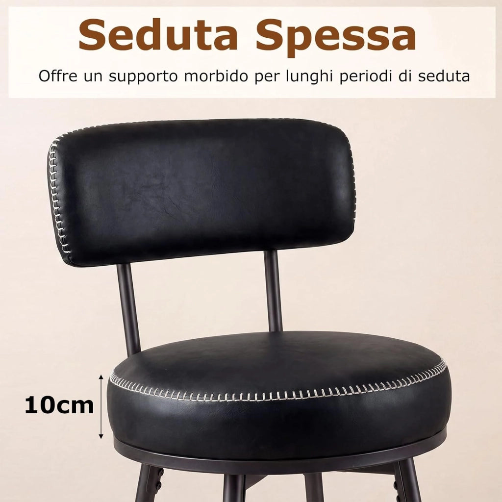 Set di 2 Sgabelli Girevoli, Sedie da Bar Moderne con Schienale Imbottito, Poggiapiedi e Gambe in Metallo, Sgabelli Imbottiti in Similpelle per Isola Cucina e Sala da Pranzo (Nero, Rotondo)