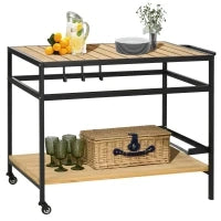 Carrello da Giardino per Barbecue con 2 Ripiani e 3 Ganci in Legno e Metallo, 107 x 65 x 80 cm, Nero e Color Naturale