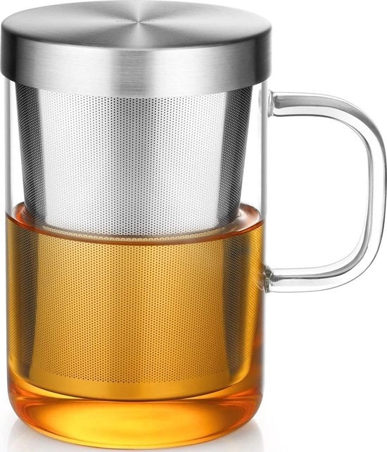 Tazza in Vetro da 500 ml con Filtro in Acciaio Inossidabile e Coperchio - Ideale per Tè e Caffè