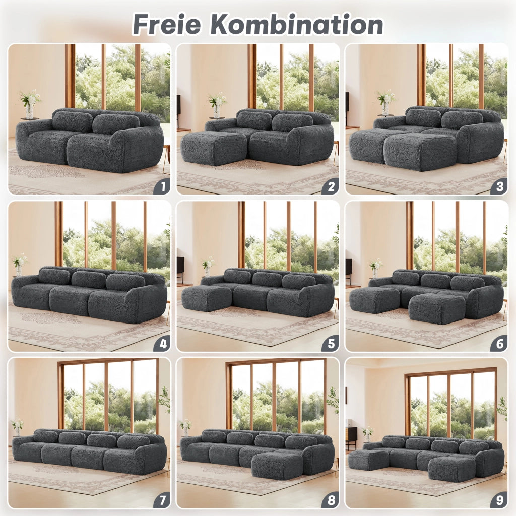 Divano Modulare 2 Posti con Design Senza Struttura, Cuscini e Base Antiscivolo, in Peluche Grigio
