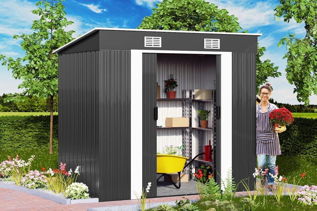 ® Casetta da Giardino Capanno Attrezzi Giardinaggio in Metallo 2m² con Fondamenta 200x125x180cm Porta Scorrevole Casetta per Attrezzi verde Capanna da Esterno 4m³