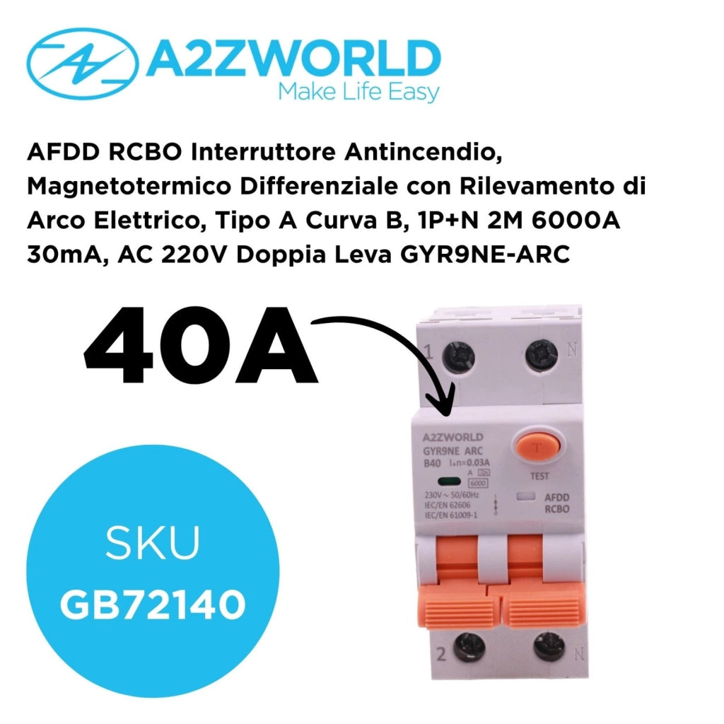 A2ZWORLD AFDD RCBO Interruttore Antincendio, Magnetotermico Differenziale con Rilevamento di Arco Elettrico, Tipo A Curva B, 1P+N 2M 6000A 30mA, AC 220V Doppia Leva GYR9NE-ARC (B40A)