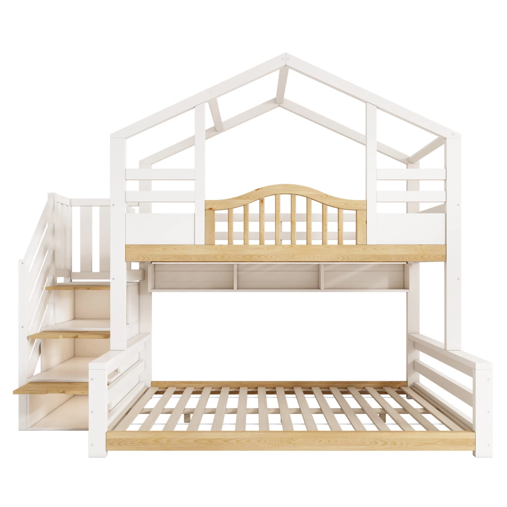 Letto a castello per bambini in legno bianco e naturale 90x200/140x200 con scala contenitore