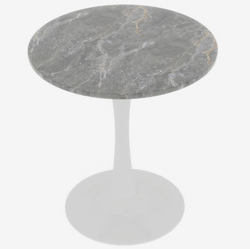 Tavolino rotondo in marmo artificiale; bianco anticato e grigio