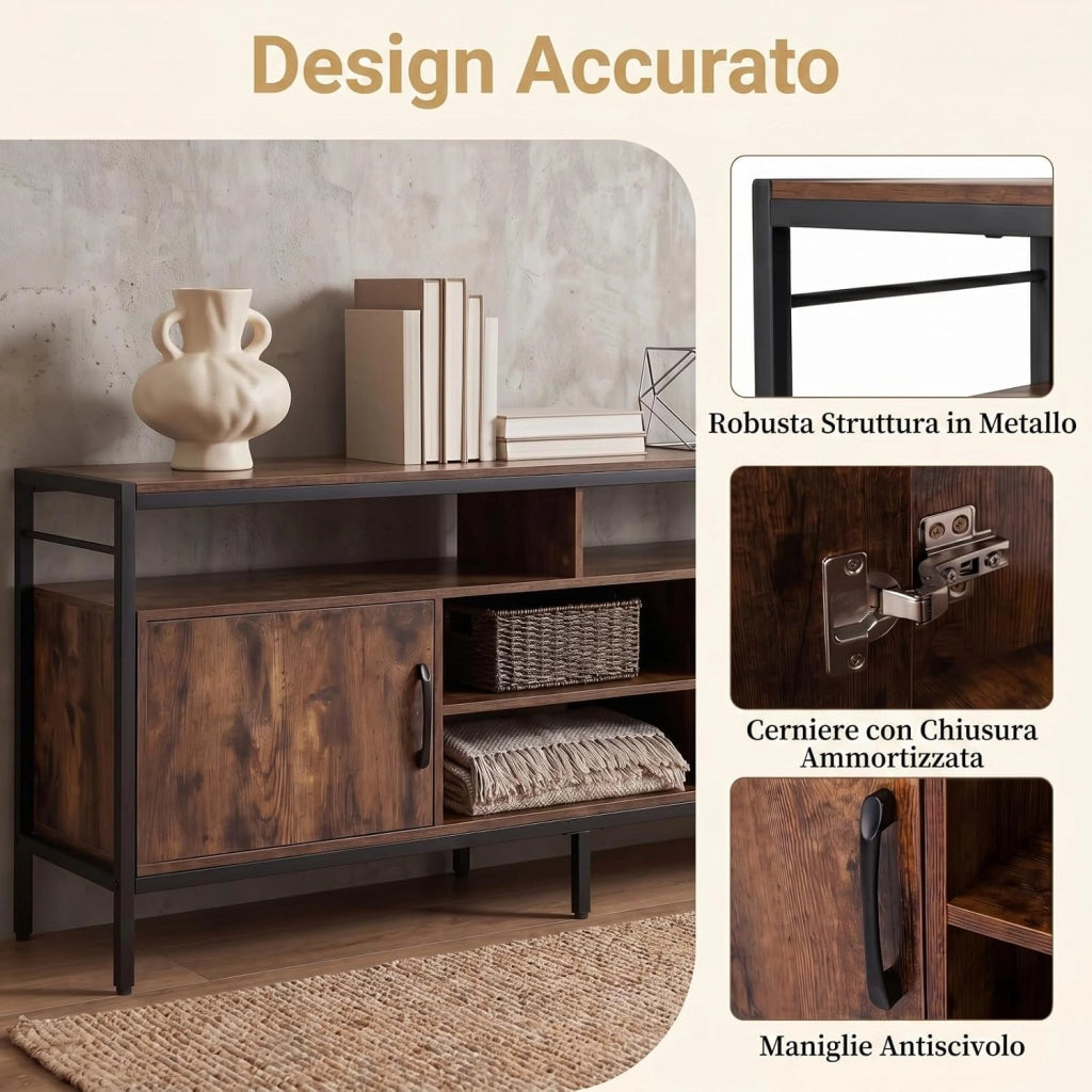 Mobile TV per Soggiorno, Mobile TV con 4 Ripiani Aperti e 2 Armadietti Chiusi, per Televisori fino a 65 Pollici, Stile Industriale con Struttura in Metallo per Camera da Letto (Marrone)