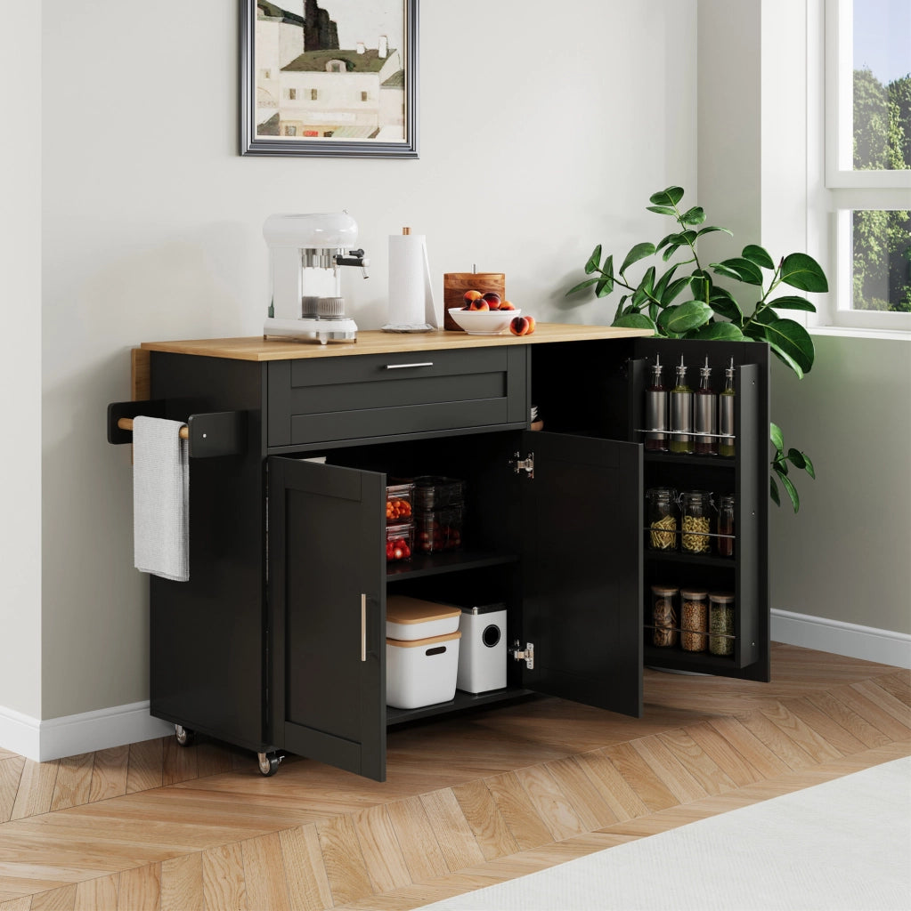 Carrello da cucina 132.5x44(70)x90 cm con piano di lavoro pieghevole; MDF; nero e naturale