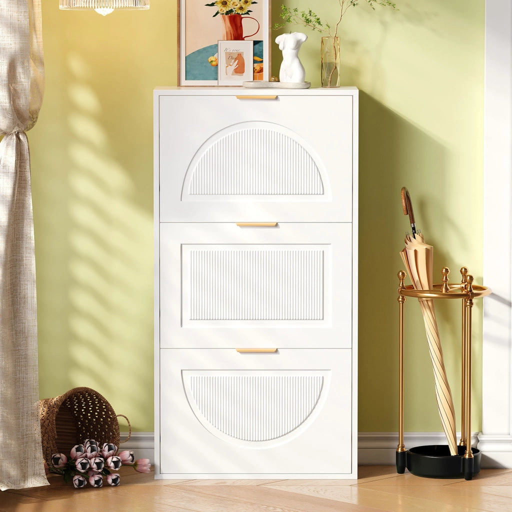 Scarpiera con 3 ante a ribalta e ripiani regolabili; per ingresso; in MDF e pannelli; 60 x 24 x 114 cm; Bianco