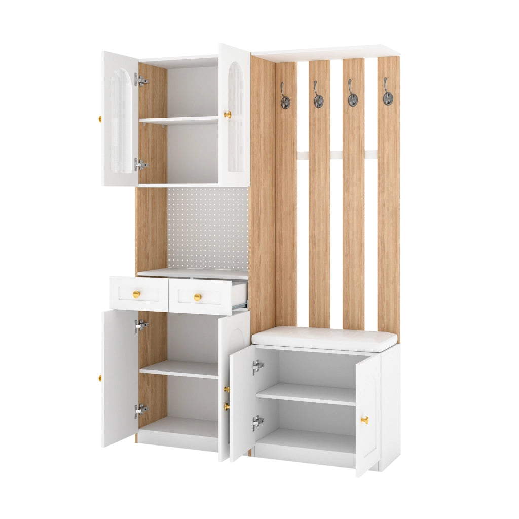 Mobili per l'ingresso, guardaroba con seduta e illuminazione a LED, scarpiera per l'ingresso, finitura effetto legno, bianco