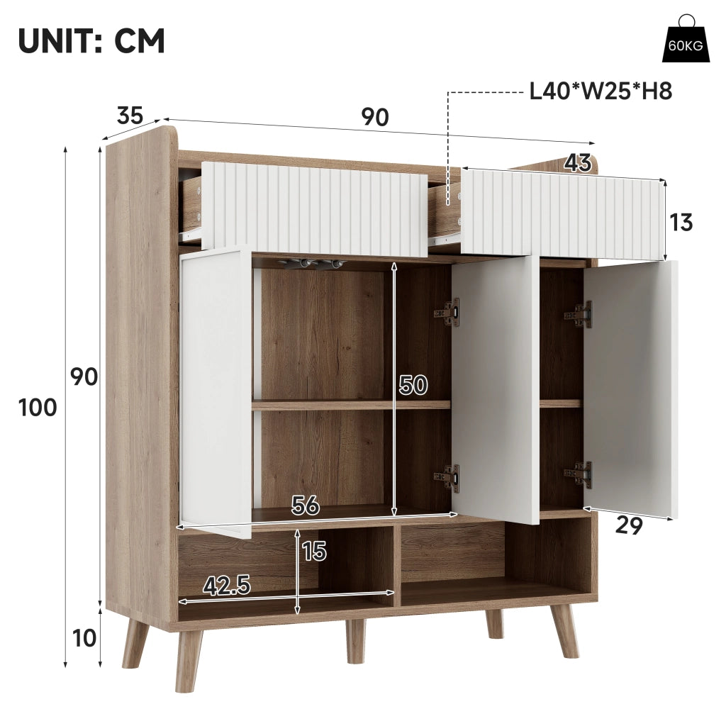 Scarpiera Consolle con 3 Ante e 2 Cassetti ¨C MINIMAL ¨C Bianco/Legno, 90x35x100 cm