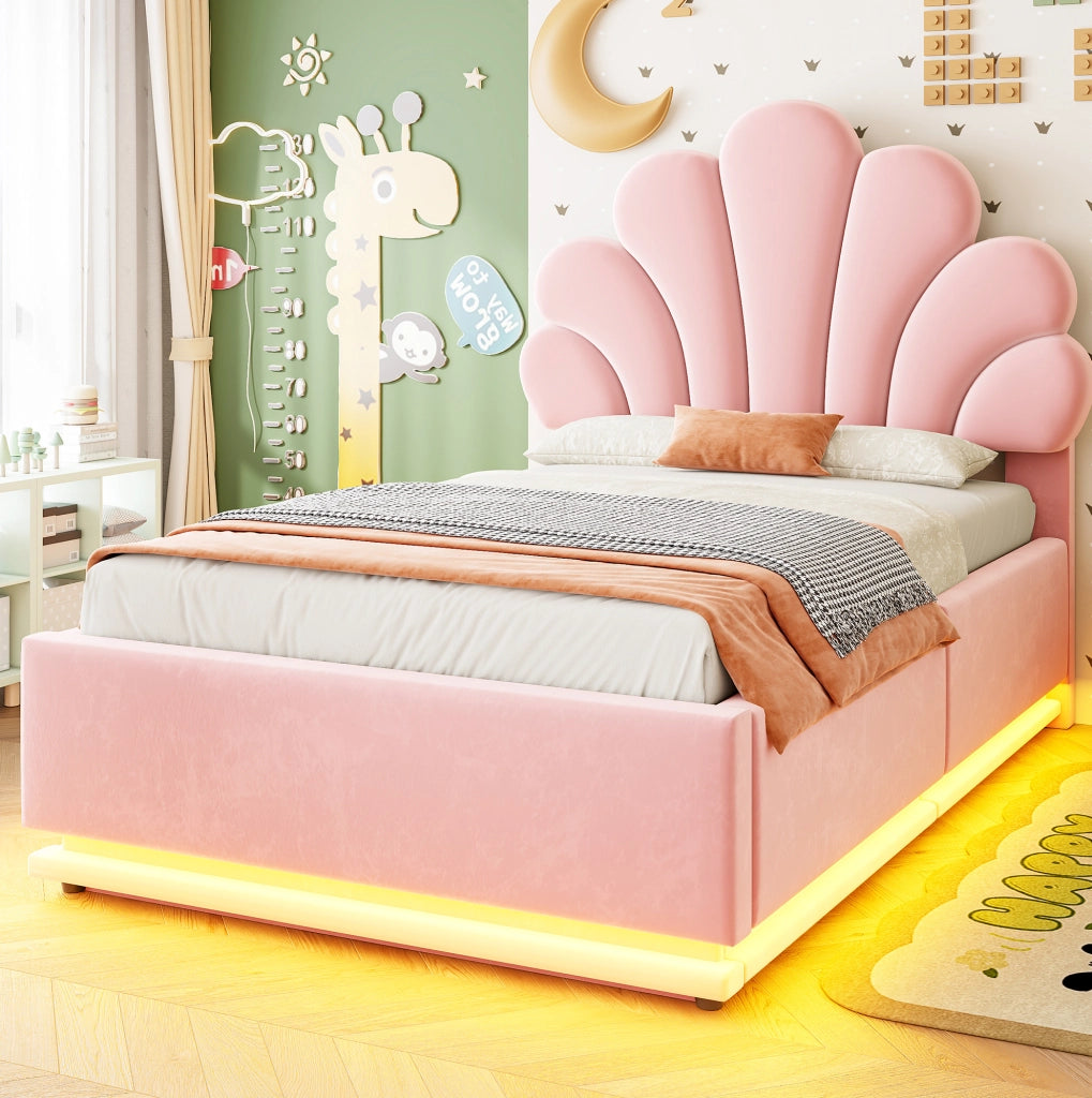 Letto imbottito 90x200 cm rosa con contenitore idraulico e LED