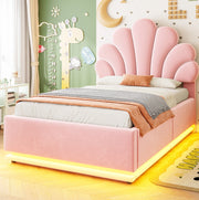 Letto imbottito 90x200 cm rosa con contenitore idraulico e LED