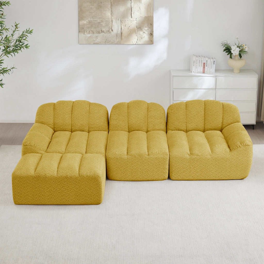 Divano angolare modulare a 3 posti senza struttura con pouf in pile granulare giallo per soggiorno 288 × 165 × 79 cm