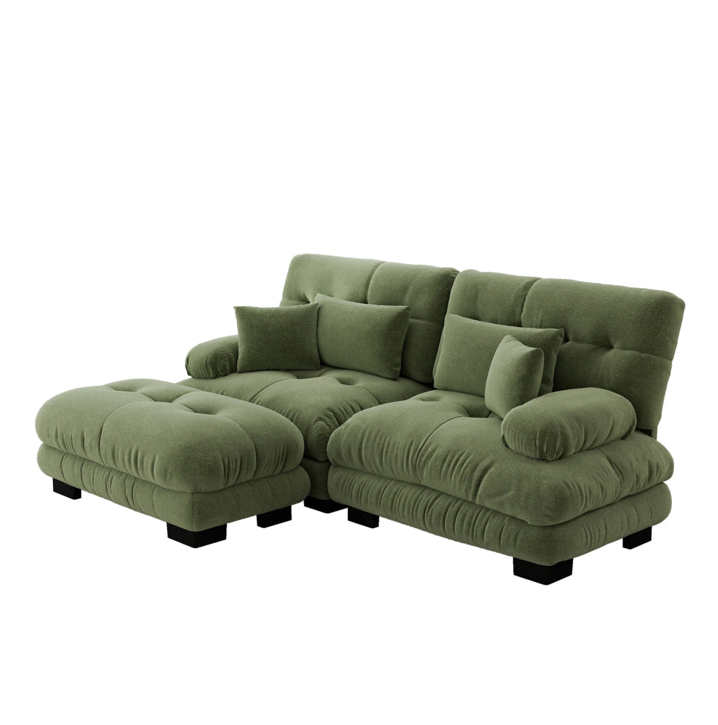 Divano modulare in chenille verde con ottomani abbinati