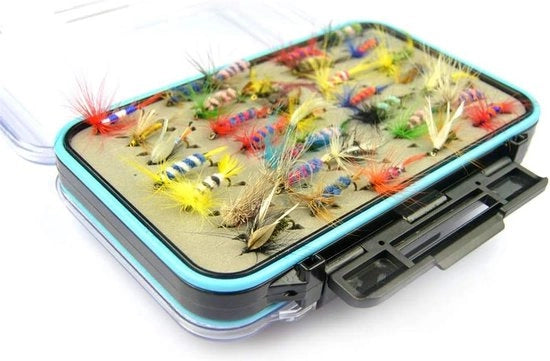 Accessori per pescare con mosca - set di esche artificiale per pescare a mosca - esche per pescare a mosca - set di esche per pescare a mosca con scatola impermeabile - esche per pescare a mosca per pesce persico, trota e salmone
