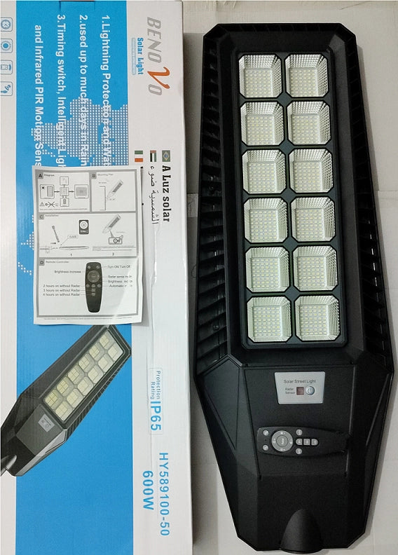 LAMPIONE 600W PANNELLO SOLARE INTEGRATO CREPUSCOLARE IP65 LUCE Fredda 130lm/w - Benovo