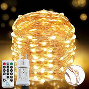 Cavo di illuminazione 220 LED 25 m 8 modi impermeabile per uso indoor e outdoor rame con timer a distanza bianco caldo.