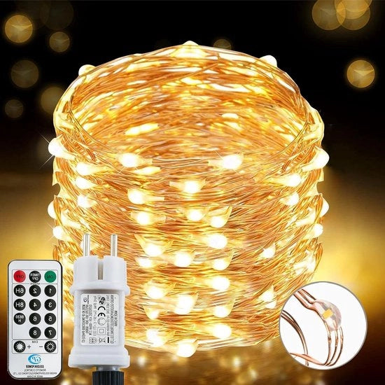 Cavo di illuminazione 220 LED 25 m 8 modi impermeabile per uso indoor e outdoor rame con timer a distanza bianco caldo.