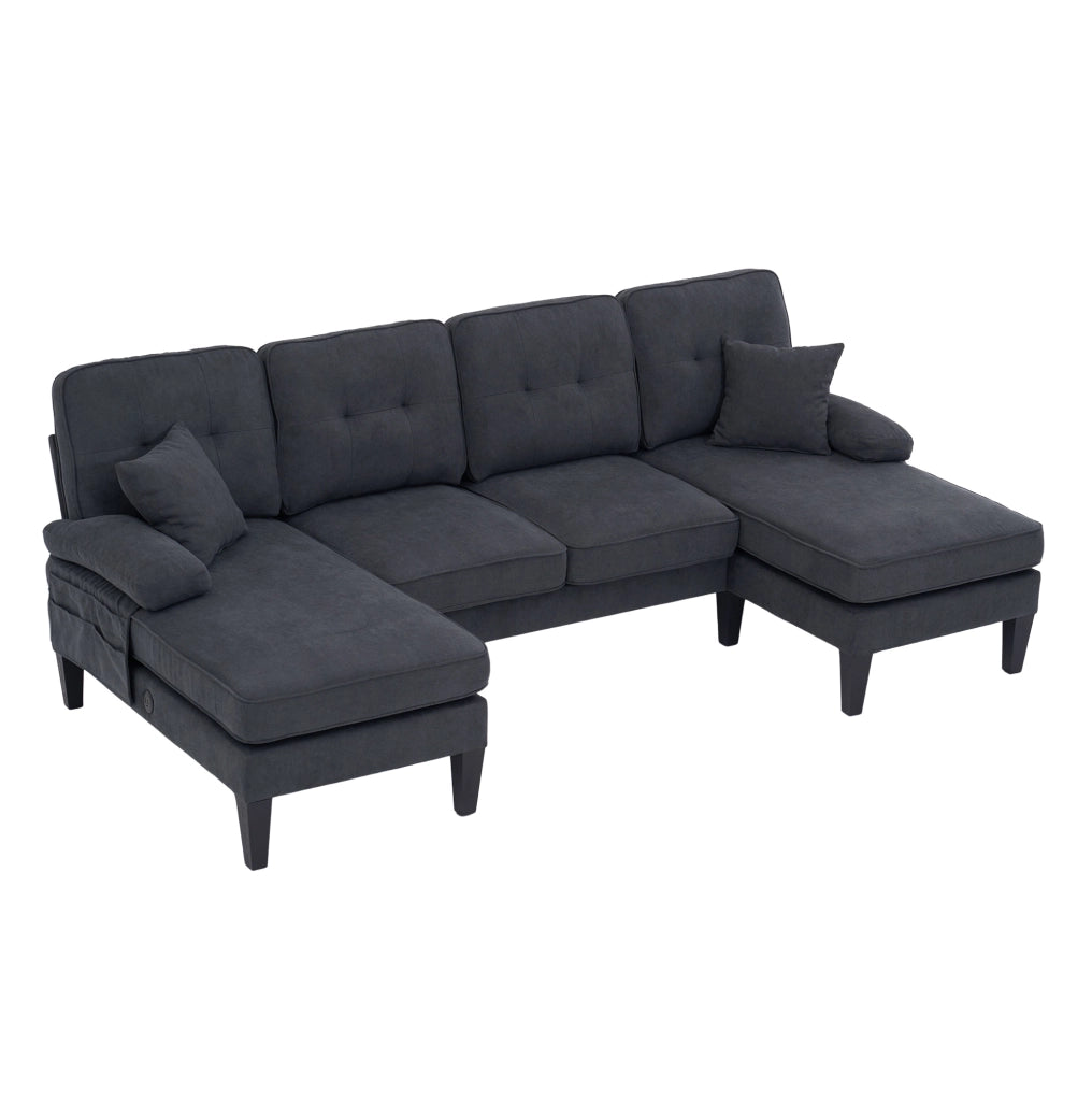 Divano angolare a U 4 posti in tessuto effetto lino; 250x130x88 cm; grigio scuro