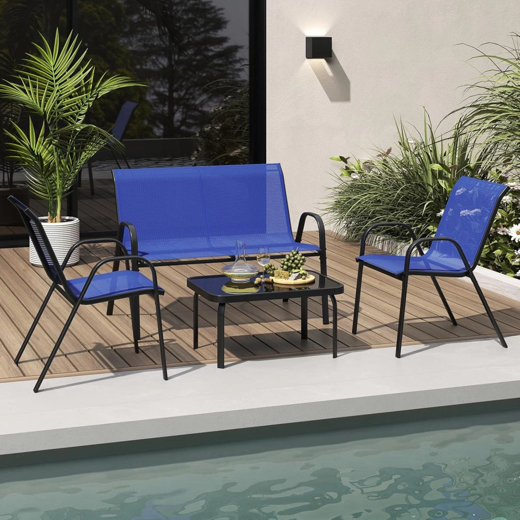 Set Tavolo e Poltrona da Giardino, Set di Mobili 4 Pezzi per Esterno, con Tavolino in Vetro Temperato, Panca e 2 Poltrone, per Giardino Balcone Piscina (Blu)