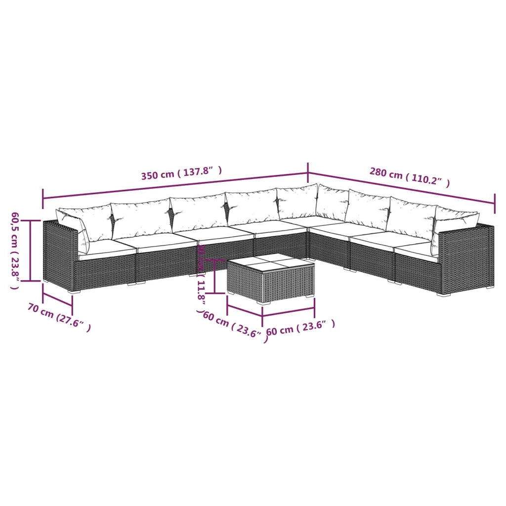 Set Divani da Giardino 9 pz con Cuscini in Polyrattan Nero cod mxl 34604