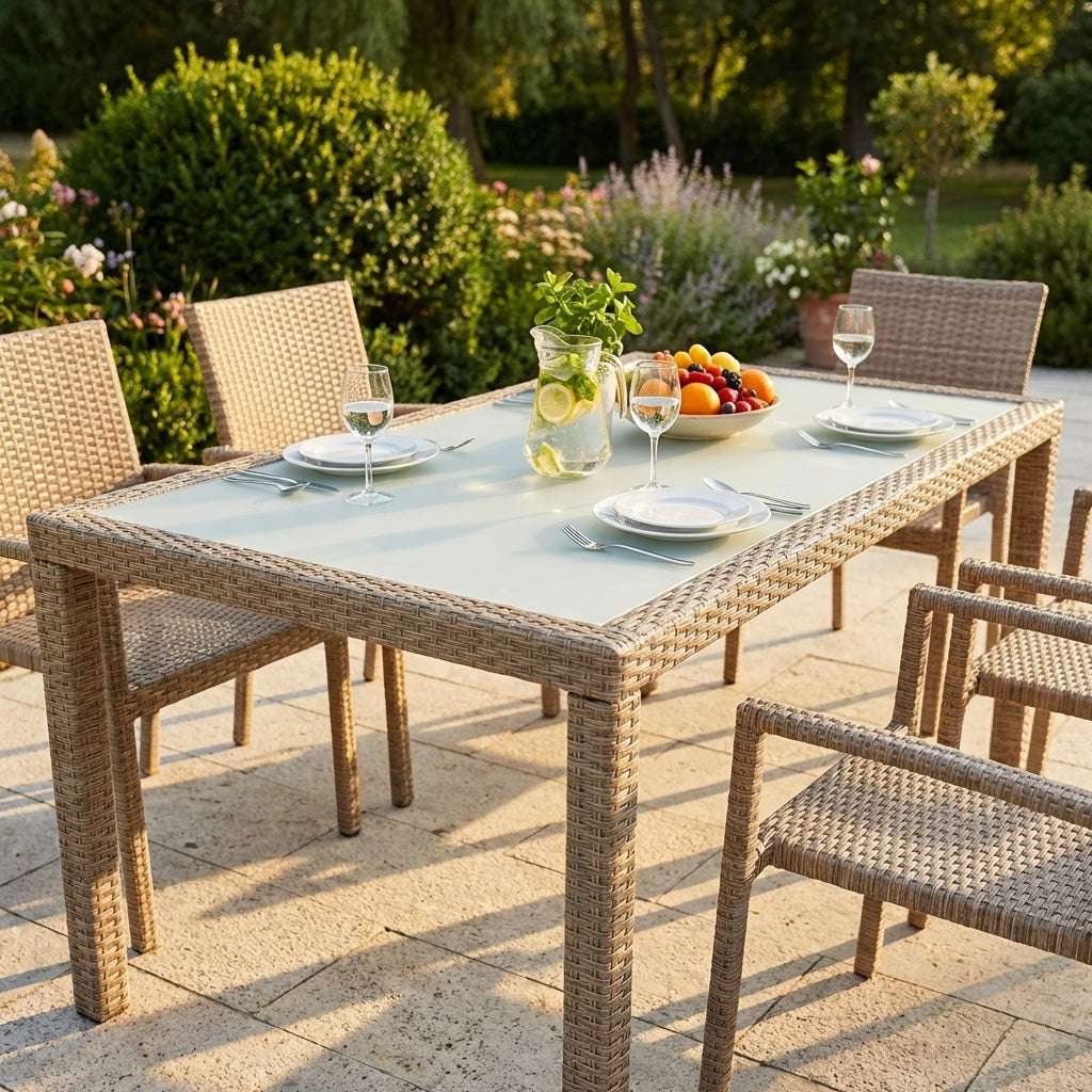 Tavolo intreccio e piano in vetro 150x90 - AXEL