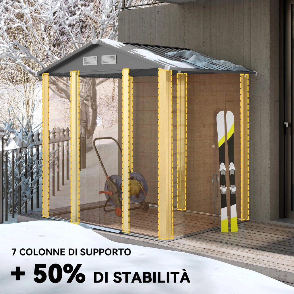 Capanna da Giardino in Acciaio e PP con Prese d'Aria e Base, 197x163x178-200 cm, Marrone