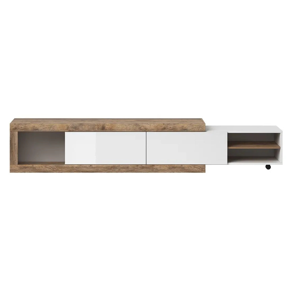 Mobile TV estensibile SINATRA – Rovere e bianco lucido – 2 porte + nicchie – L200 a 240 x H43,4 x P40 cm