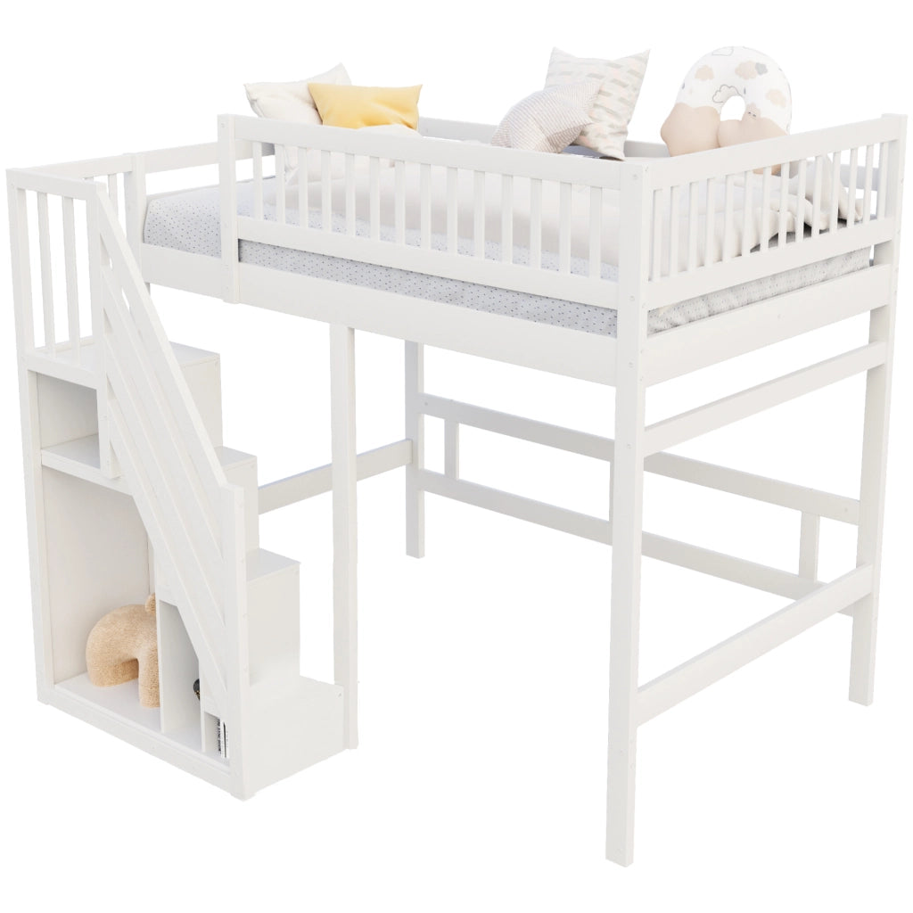 Letto a castello in legno bianco con scala a scomparti e parapetto alto 140x200 cm