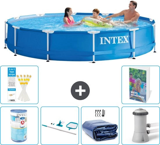 Piscina Rettangolare - 366 x 76 cm - Blu - Inclusa Filtro - Kit Pulizia - Velario Solare - Pompafiltro Piscina - 7 pezzi