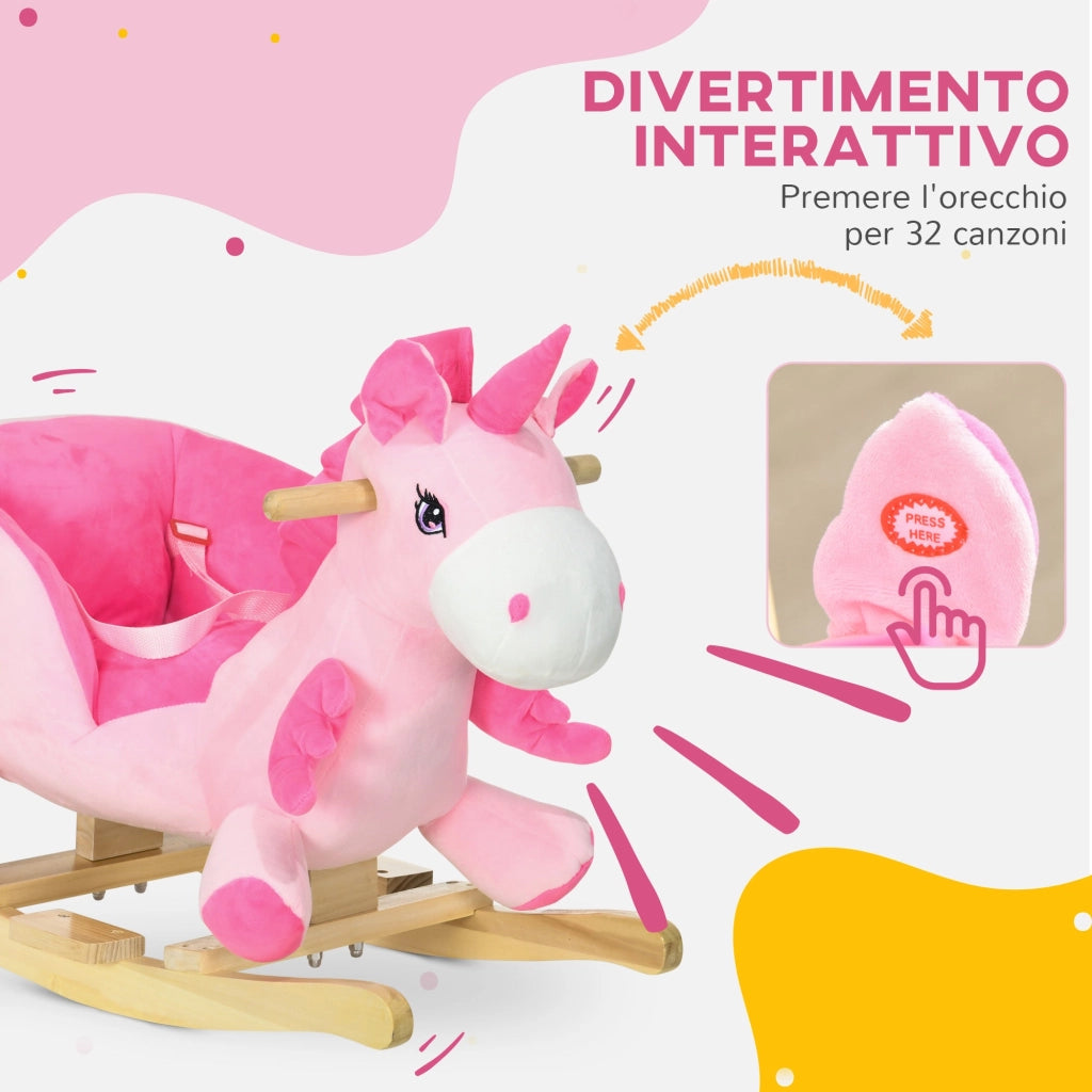 Unicorno a Dondolo Cavalcabile Peluche con 32 Canzoni 65x35x45 cm con Cintura di Sicurezza Rosa