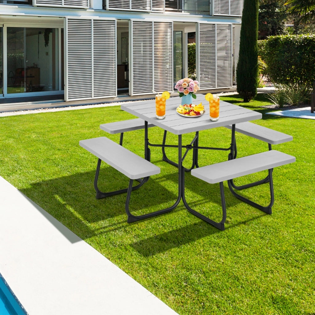 Set tavolo da picnic quadrato per 8 persone, Tavolo per esterni con foro per ombrellone capacit¨¤ di 225kg Grigio-Tavoli e sedie da campeggio