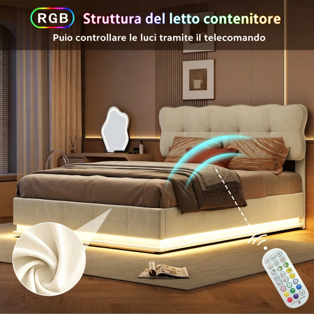 Letto matrimoniale 140x200 cm con contenitore,testiera regolabile e illuminazione LED struttura letto matrimoniale in metallo legno e velluto - beige