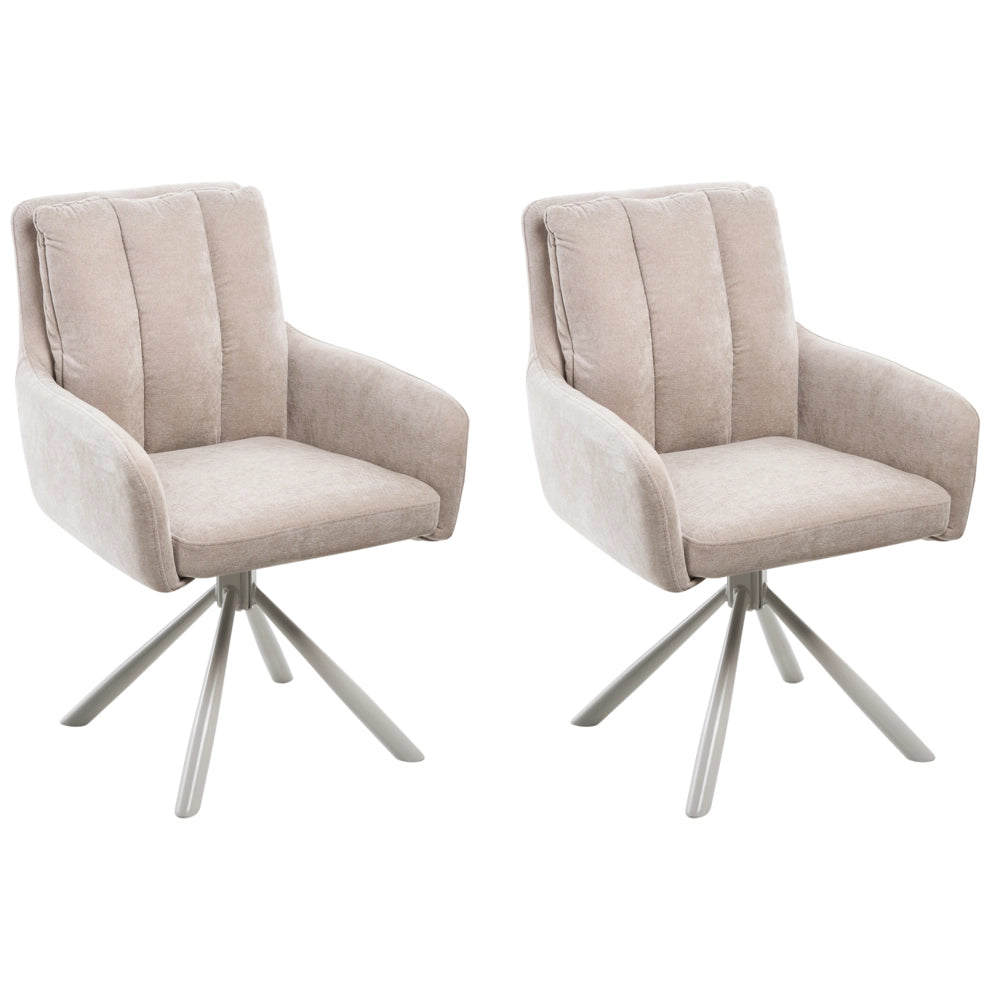 Set di 2 sedie girevoli da pranzo in tessuto beige con braccioli, schienale trapuntato e gambe in metallo, stile retrò-contemporaneo