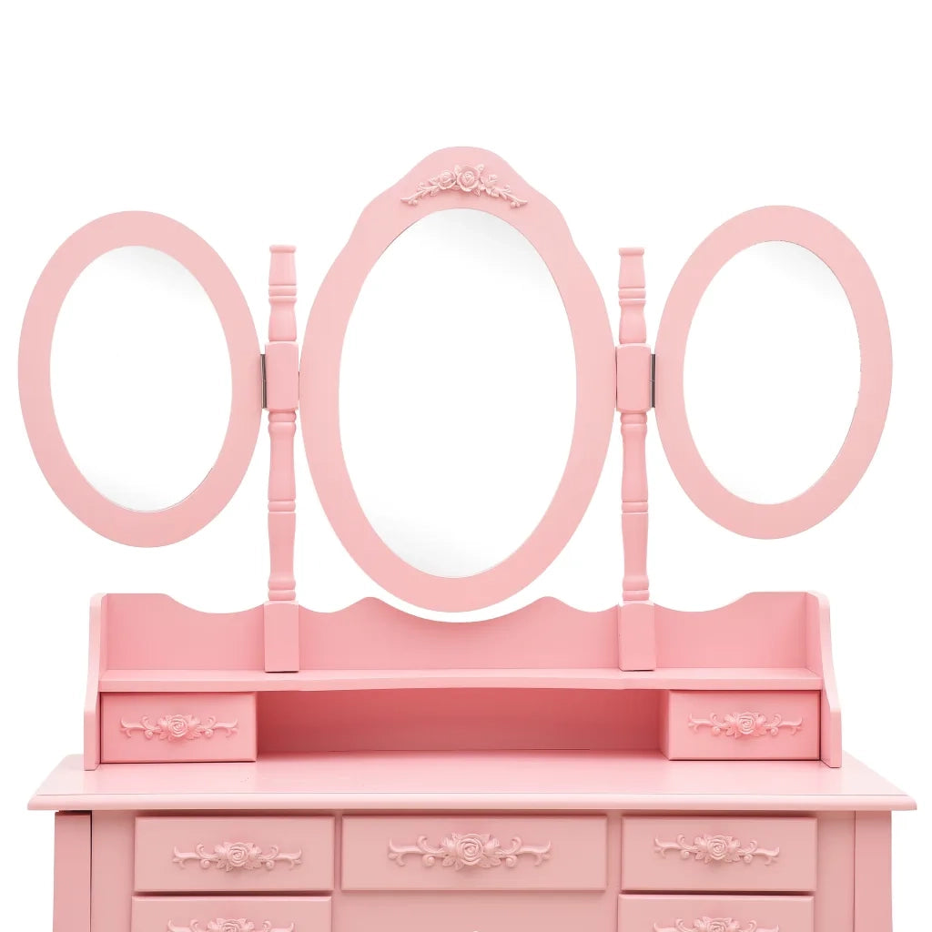 Tavolo da Trucco con Sgabello e Specchio Pieghevole in 3 Rosa cod mxl 73689