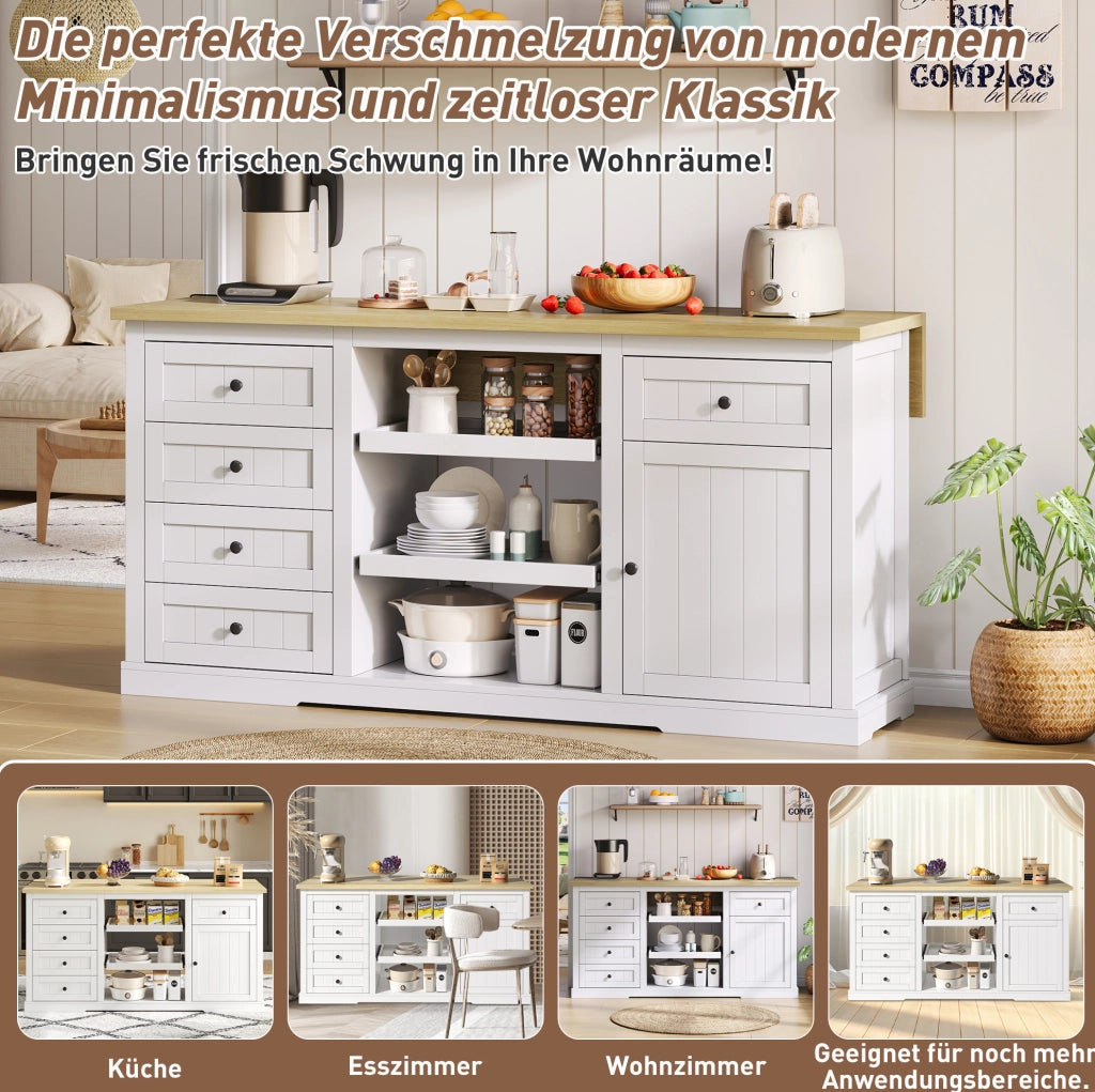 Isola da cucina con piano pieghevole, prese USB, 150x65x75,5 cm