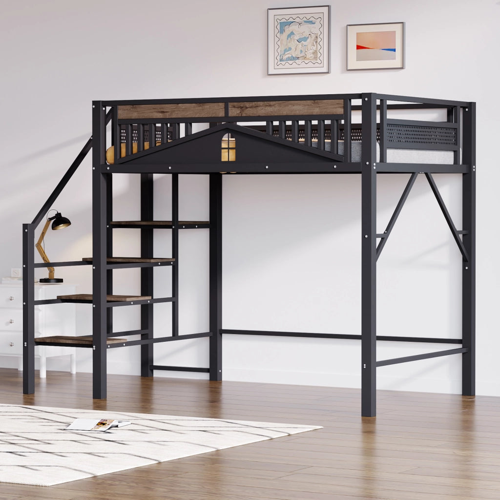Letto a soppalco matrimoniale con scala sicura; spazio contenitore e barriera; 140×200 cm; senza materasso