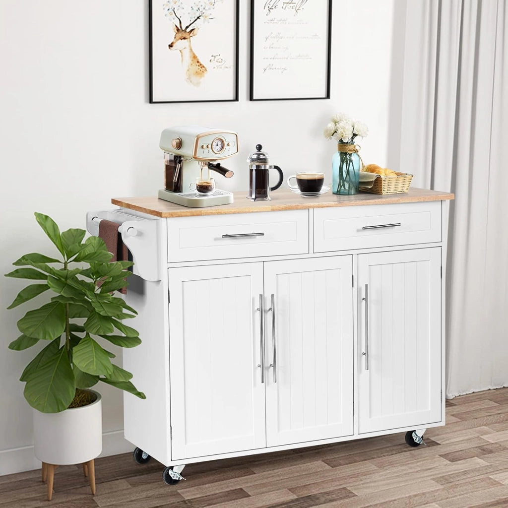 Carrello Portaoggetti con Ruote con 2 Freni, Isola Cucina in Rovere Massiccio, Mobiletto da Pranzo con Portaspezie e Portasciugamani, per Soggiorno, 111,5 x 46 x 93 cm, In 2 Pacchi (Bianco)