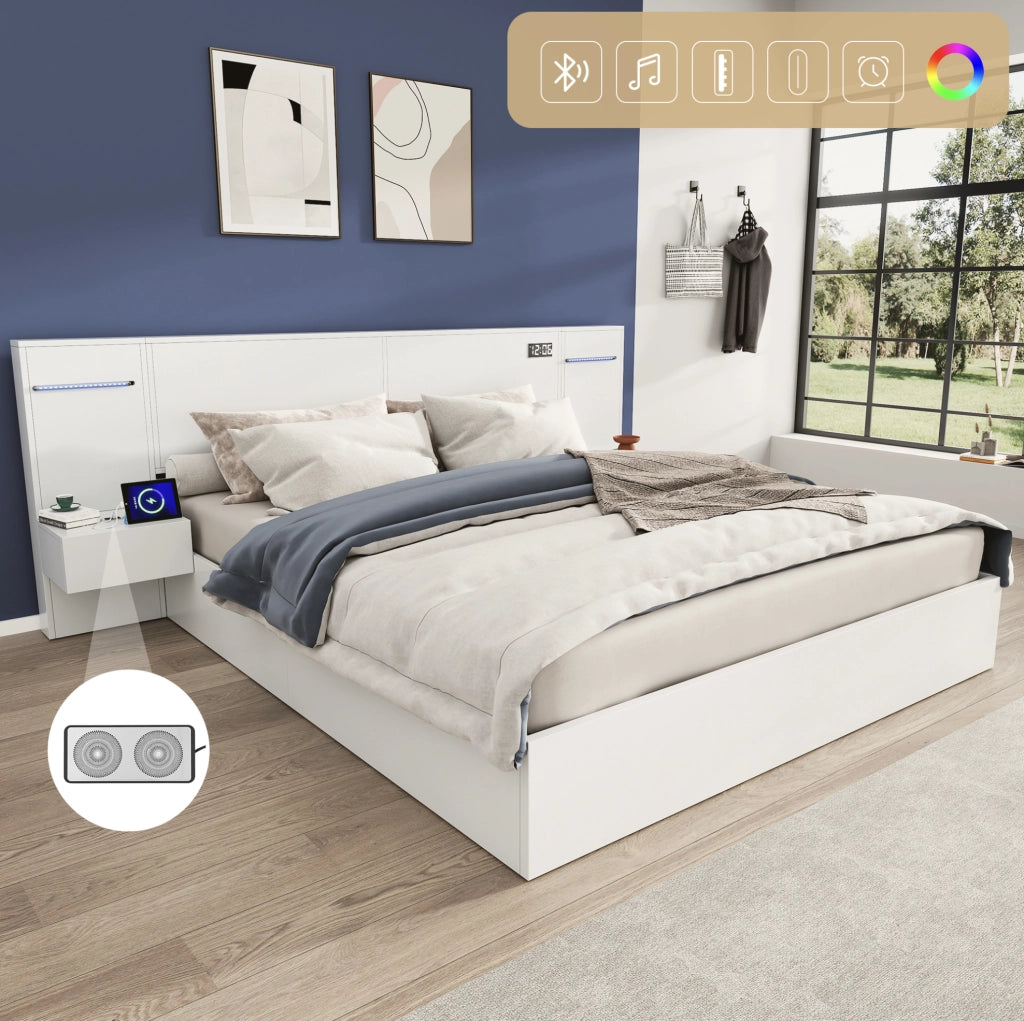 Letto matrimoniale 180x200 cm bianco con USB, Bluetooth e LED