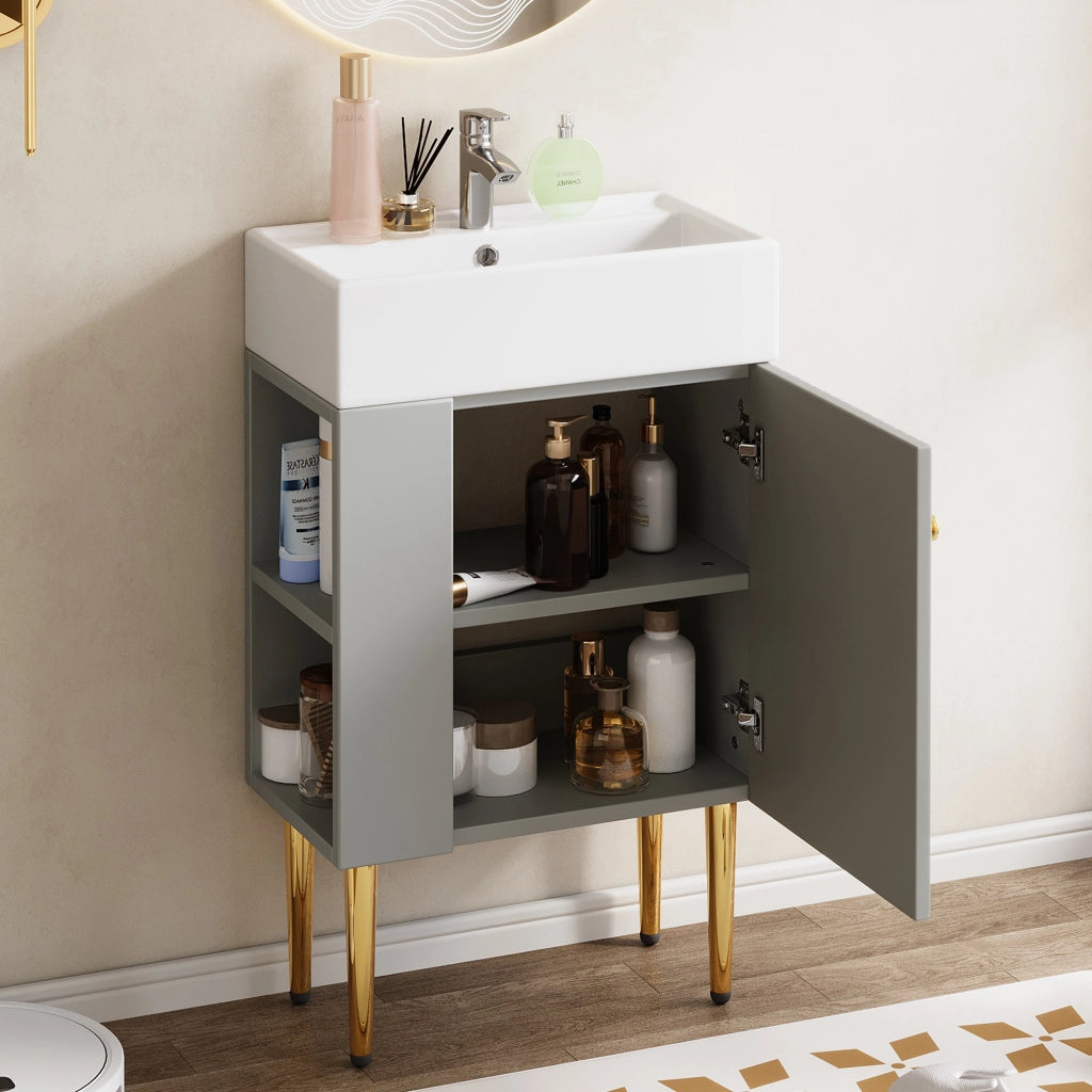Mobile sotto lavabo da bagno con lavabo in ceramica; vani laterali; per bagno piccolo; grigio e bianco