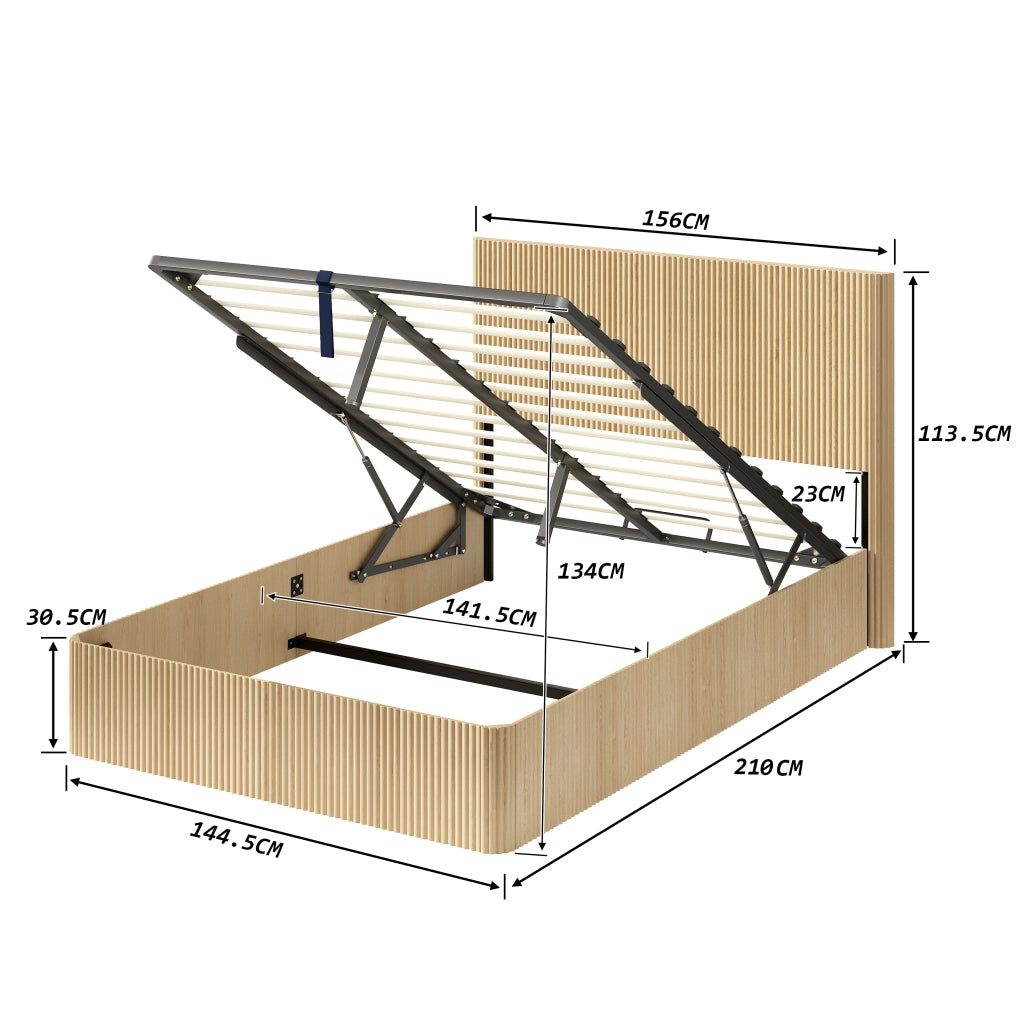 Letto contenitore 140 × 200 cm con sistema di sollevamento idraulico, ampia capacità, senza materasso, rovere chiaro