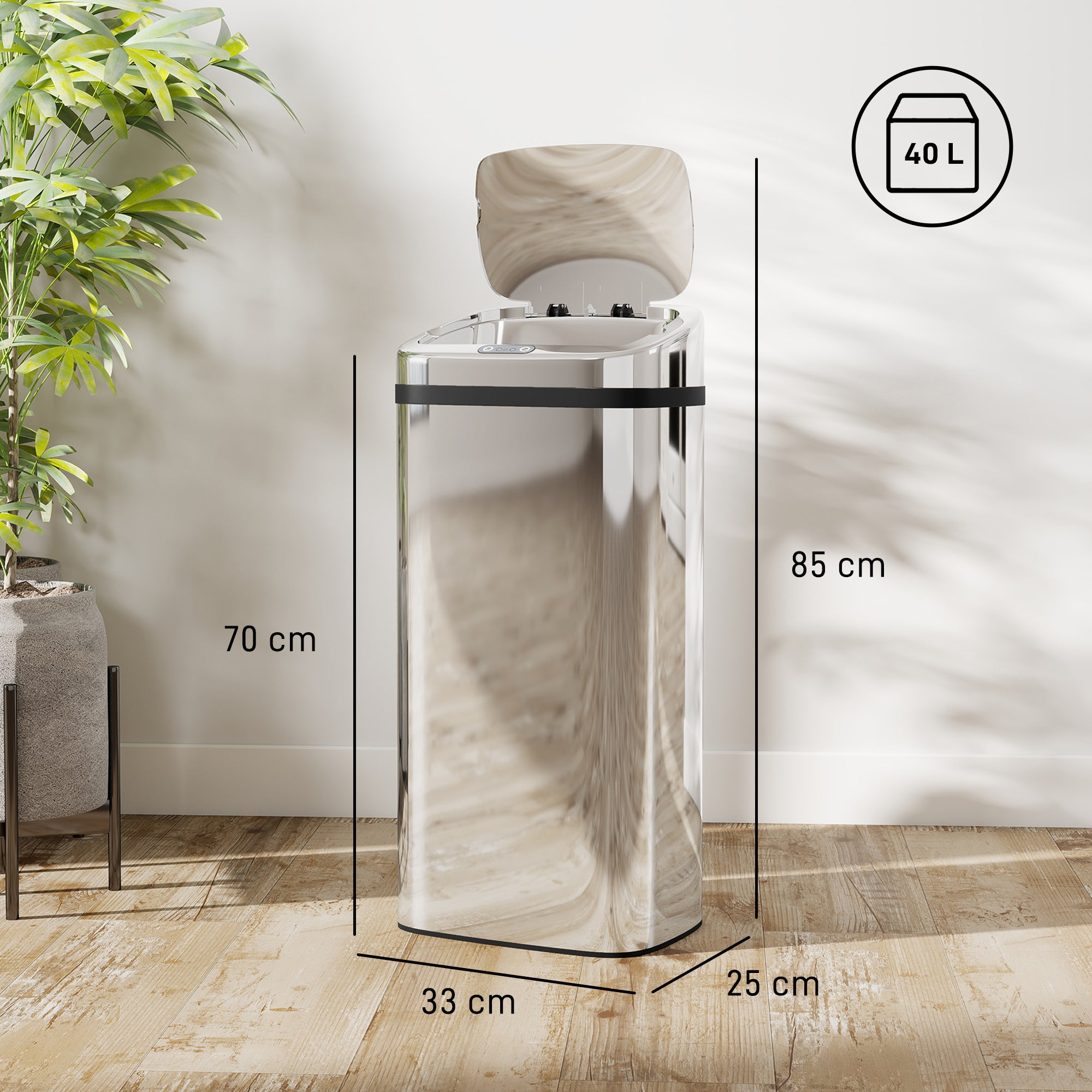 Bidone per Rifiuti da 40L con Sensore per Apertura e Chiusura Automatica 33x25x70 cm in ABS e Acciaio Inox Argento