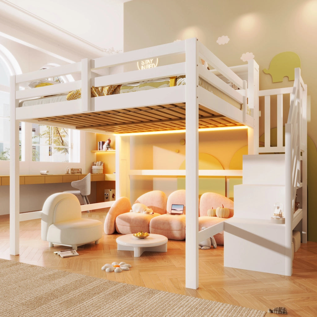 LETTO A SOPPALCO 140x200 cm Bianco con LED e scala contenitore