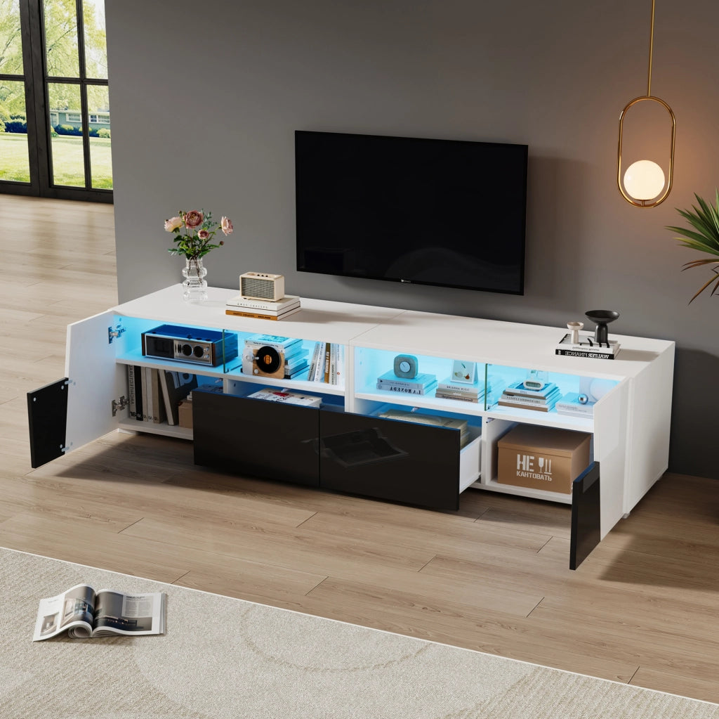 Mobile TV ULEVR 180x38,5x45 cm con LED Bluetooth, 2 ante, 2 cassetti e 4 vani aperti, bianco e nero