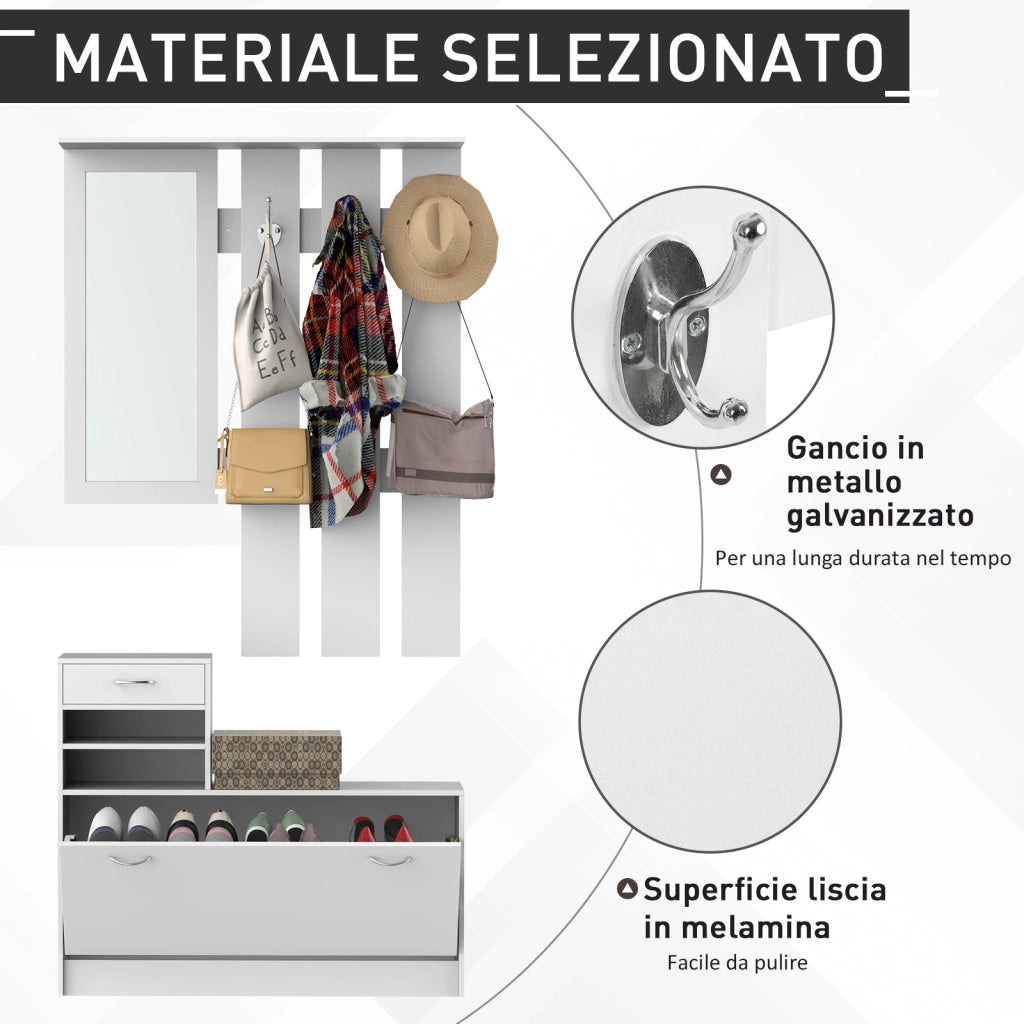 Mobile d'Ingresso Moderno Guardaroba Set Appendiabiti Specchio e Scarpiera 3 in 1 in Legno Bianco