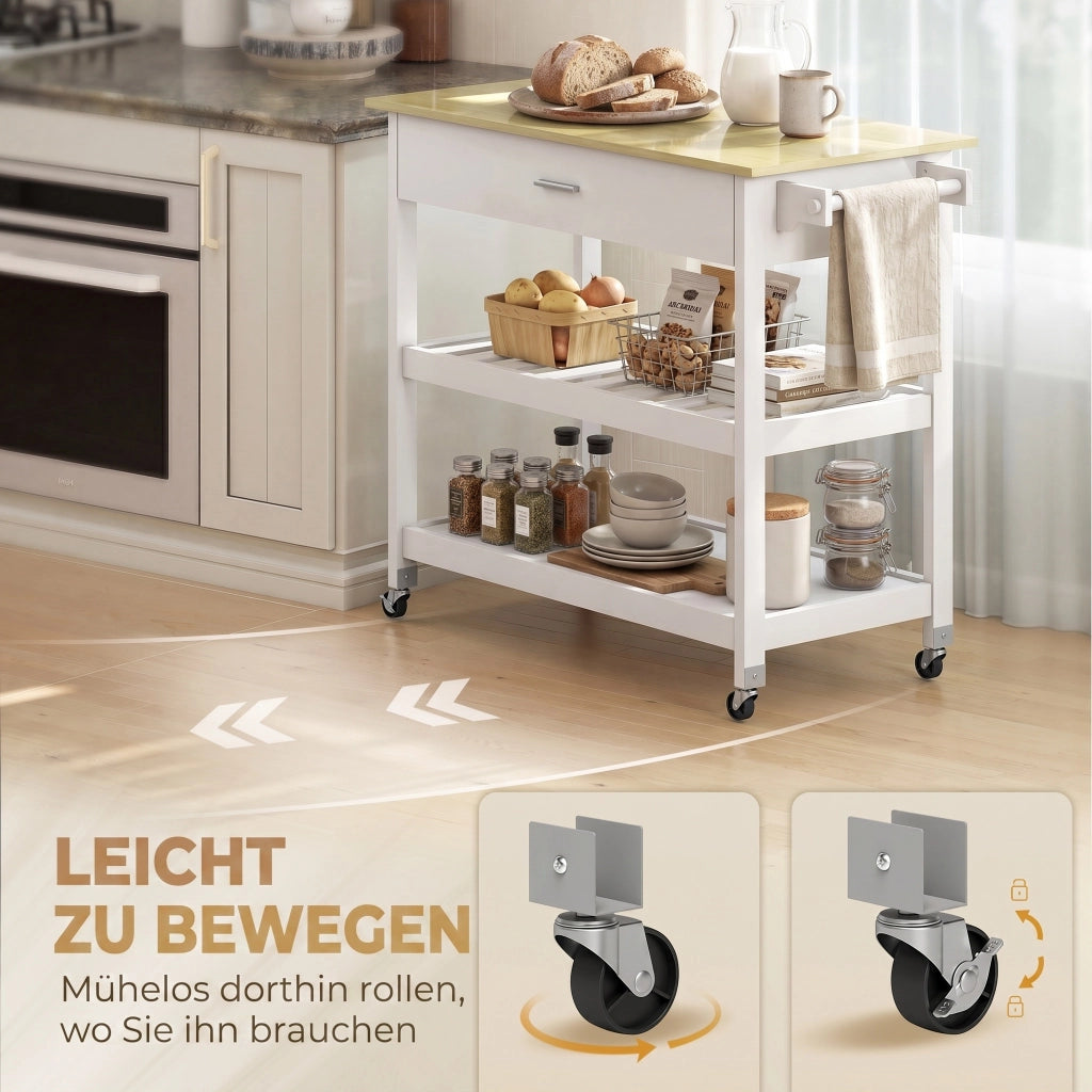 Carrello da Cucina con Cassetto e Ripiani Aperti ¨C Xylo ¨C Bianco con Portasciugamani