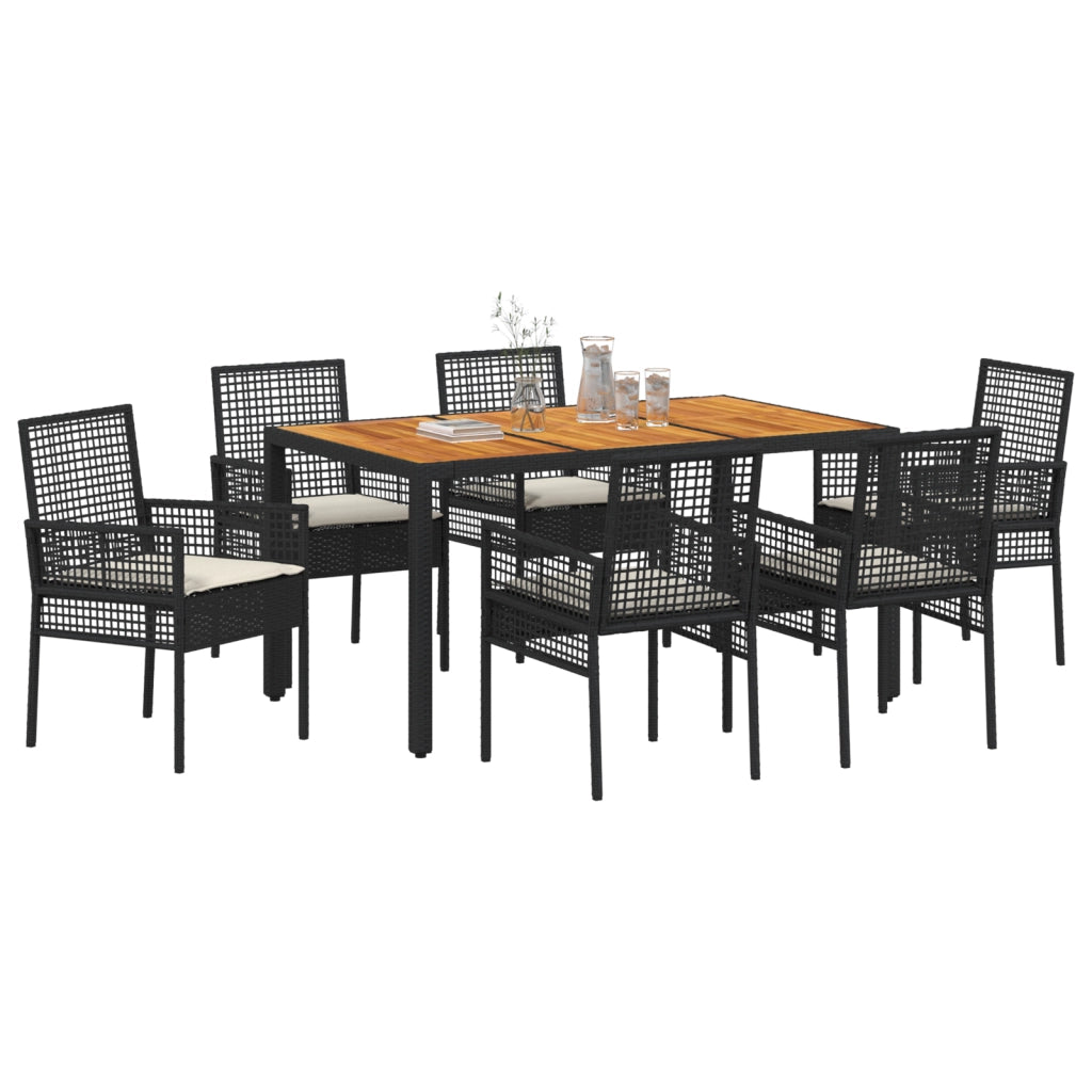 Set da pranzo da giardino 7 pezzi con cuscini neri in polyrattan