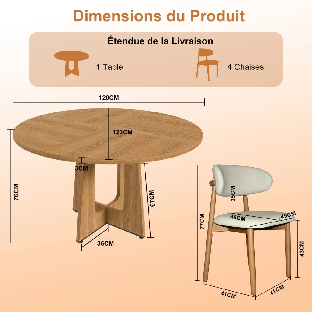 Set tavolo da pranzo rotondo ?120 cm con 4 sedie; MDF effetto rovere e legno di quercia