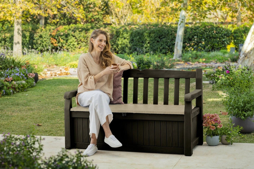 Cassapanca outdoor Chestermere, Baule da giardino, Contenitore da esterno, Panchina contenitore da esterno, 140x60 h84 cm, Marrone e Beige