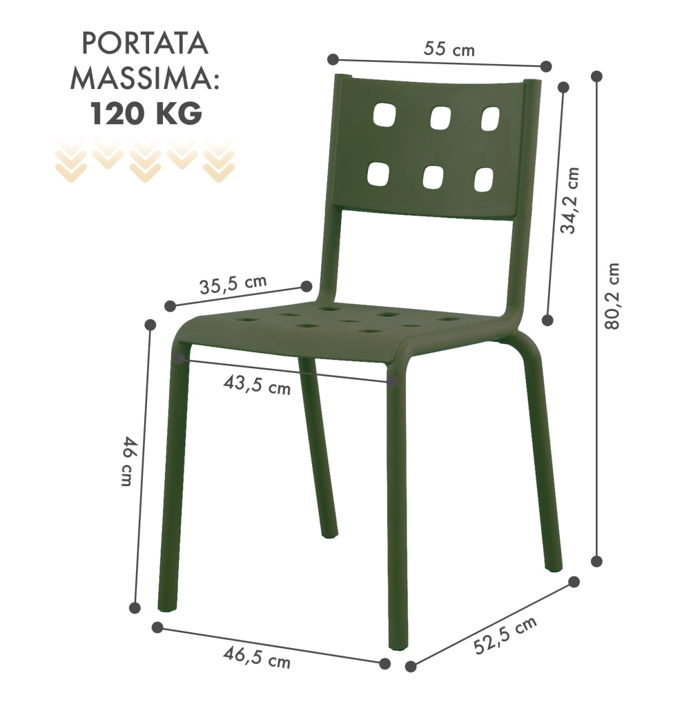 Set 4 Sedie In Polipropilene e Fibra Di Vetro Sedia Cucina Trattamento Uv Antiscolorimento Giardino Interno Esterno Moderne Robuste Resistenti Seduta Terrazzo Soggiorno Bar Ristorante Impilabili Zoe-Verde